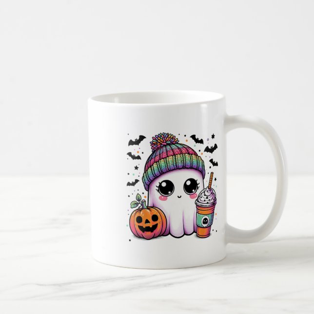 Cute Ghost Drinking Coffee Latte Ghost Boo Hallowe Mug (Right)