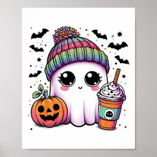 Cute Ghost Drinking Coffee Latte Ghost Boo Hallowe Poster