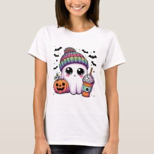 Cute Ghost Drinking Coffee Latte Ghost Boo Hallowe T-Shirt