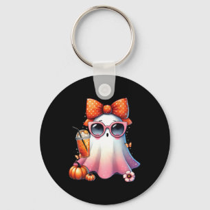 Cute Ghost Drinking Coffee With Halloween Bow Wome Key Ring