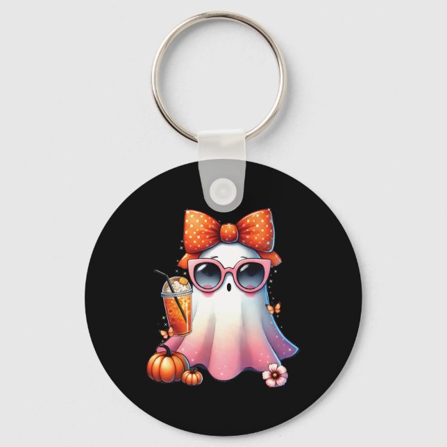Cute Ghost Drinking Coffee With Halloween Bow Wome Key Ring (Front)