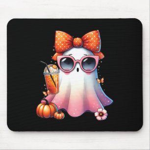 Cute Ghost Drinking Coffee With Halloween Bow Wome Mouse Pad