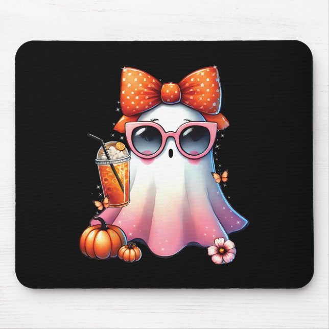 Cute Ghost Drinking Coffee With Halloween Bow Wome Mouse Pad (Front)