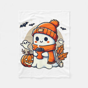 Cute Ghost Drinking Coffee Women Halloween Kawaii Fleece Blanket
