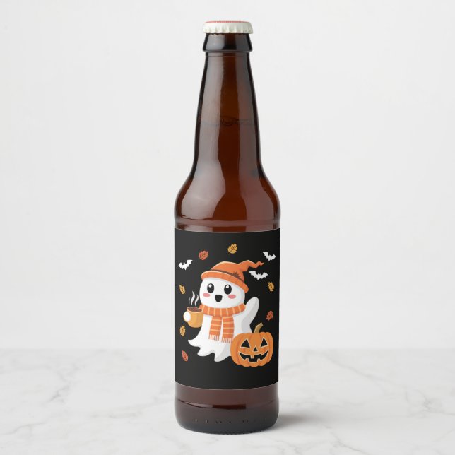 Cute Ghost Drinking Ice Coffee Halloween  Beer Bottle Label (Front)