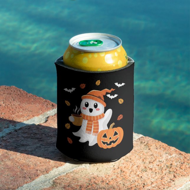 Cute Ghost Drinking Ice Coffee Halloween  Can Cooler (In Situ Pool)