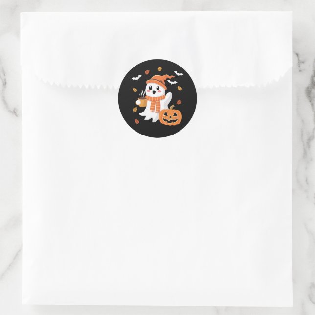 Cute Ghost Drinking Ice Coffee Halloween  Classic Round Sticker (Bag)