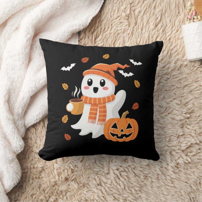 Cute Ghost Drinking Ice Coffee Halloween  Cushion (Blanket)