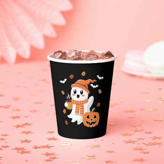 Cute Ghost Drinking Ice Coffee Halloween  Paper Cups (Insitu)