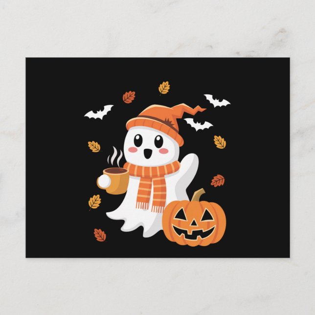 Cute Ghost Drinking Ice Coffee Halloween  Postcard (Front)