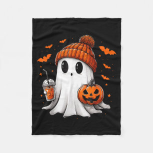 Cute Ghost Drinking Ice Coffee Halloween Pumpkin Fleece Blanket