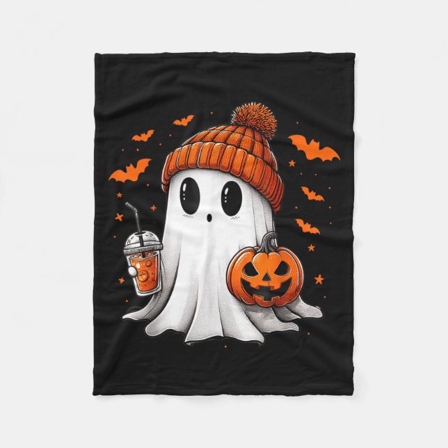 Cute Ghost Drinking Ice Coffee Halloween Pumpkin Fleece Blanket (Front)
