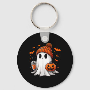 Cute Ghost Drinking Ice Coffee Halloween Pumpkin Key Ring