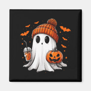 Cute Ghost Drinking Ice Coffee Halloween Pumpkin Magnet