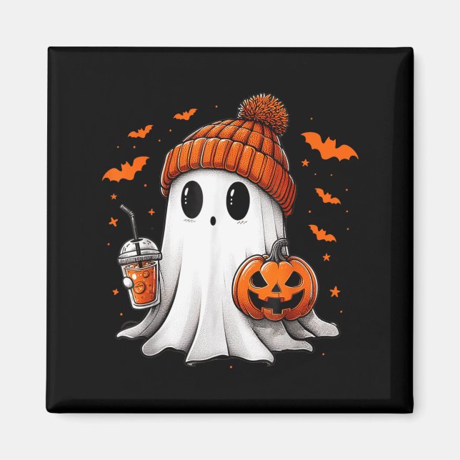 Cute Ghost Drinking Ice Coffee Halloween Pumpkin Magnet (Front)