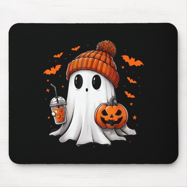 Cute Ghost Drinking Ice Coffee Halloween Pumpkin Mouse Pad (Front)