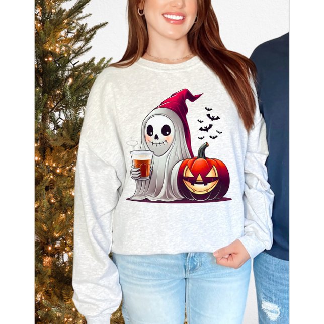 Cute Ghost Drinking Ice Coffee Halloween Pumpkin T-Shirt (Creator Uploaded)
