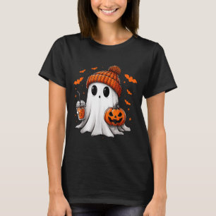 Cute Ghost Drinking Ice Coffee Halloween Pumpkin T-Shirt