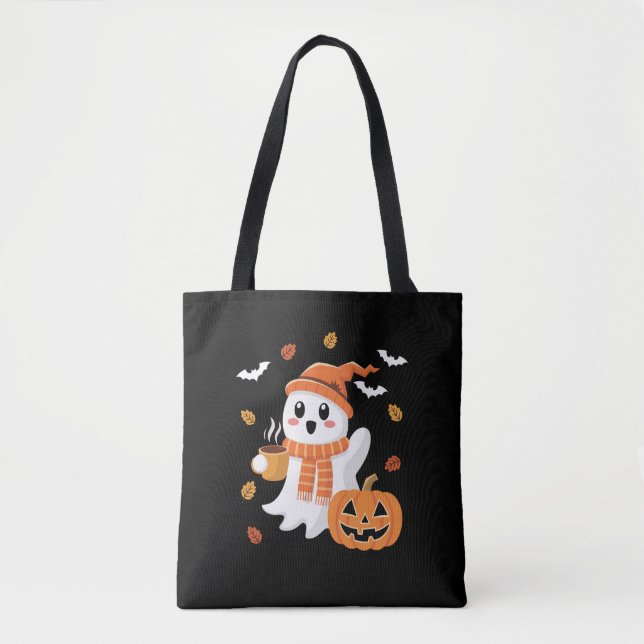 Cute Ghost Drinking Ice Coffee Halloween  Tote Bag (Front)