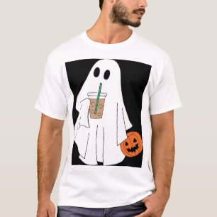 Cute Ghost Drinking Iced Coffee with Pumpkin T-Shirt