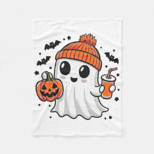 Cute Ghost Drinking Pumpkin Juice Halloween Ghost Fleece Blanket