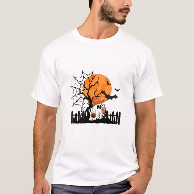Cute Ghost Drinking Pumpkin Spice Halloween T-Shirt (Front)