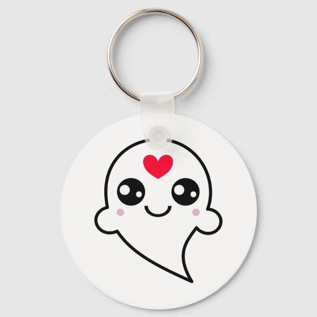Cute Ghost Emoji Red Heart Key Ring (Front)
