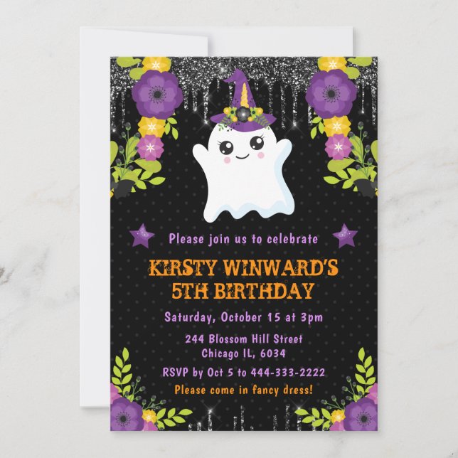 Cute Ghost Floral Halloween Birthday Invitation (Front)