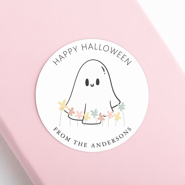 Cute Ghost Floral Halloween Classic Round Sticker (Creator Uploaded)