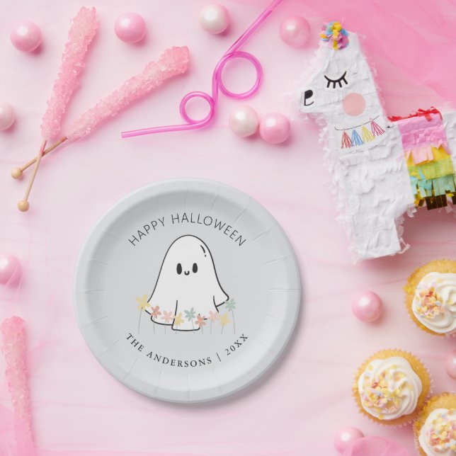 Cute Ghost Floral Halloween Grey Paper Plate (Party)