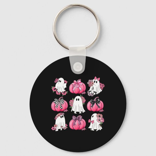 Cute Ghost Florals Pink Coquette Bows Pumpkins Hal Key Ring (Front)