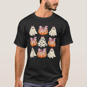 Cute Ghost Florals Pink Coquette Bows Pumpkins Hal T-Shirt