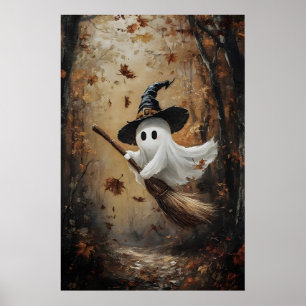 Cute ghost flying on a witch broom in autumn poster
