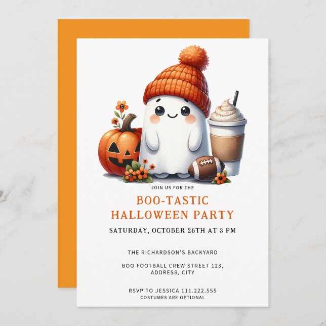 Cute Ghost Football Boo-Tastic Halloween Party Invitation (Front/Back)