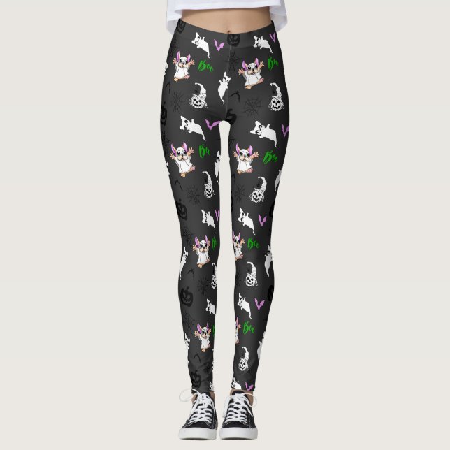 Cute ghost French Bulldog bat pumpkin Halloween Leggings (Front)