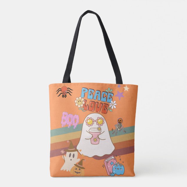 Cute Ghost Groovy Style Orange Tote Bag (Back)