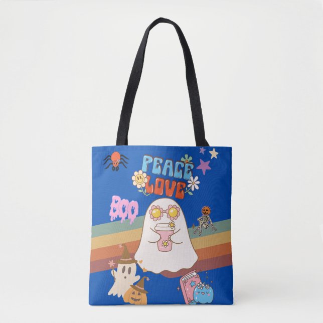 Cute Ghost Groovy Style Peace&Love Blue Tote Bag (Front)