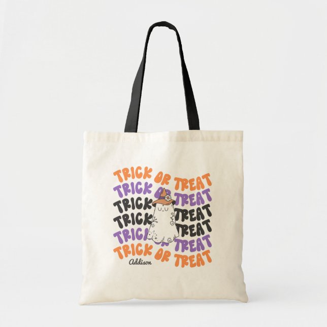 Cute Ghost Groovy Trick Or Treat Tote Bag (Front)