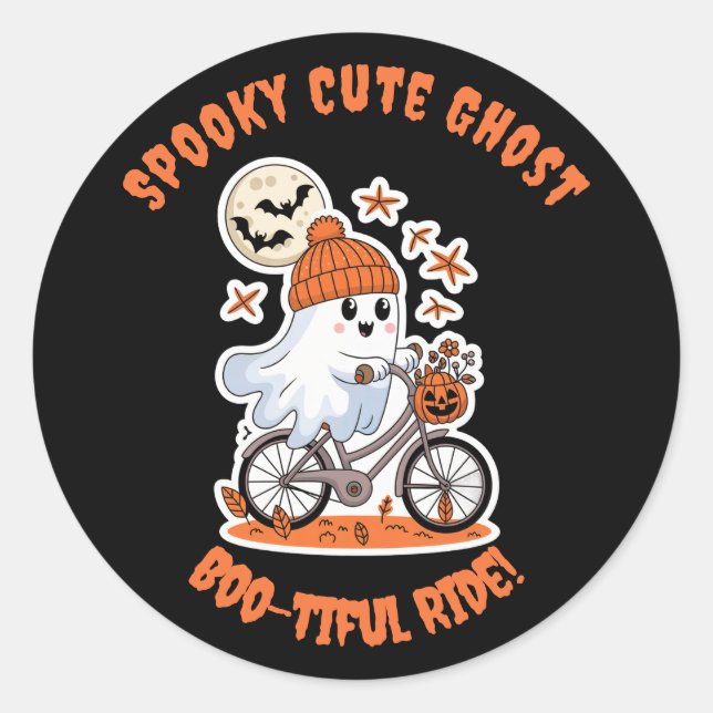 Cute Ghost Halloween - Adorable Biking Ghost Classic Round Sticker (Front)