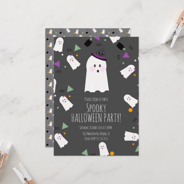 Cute Ghost Halloween Birthday Costume  Witch Invitation (Front/Back In Situ)