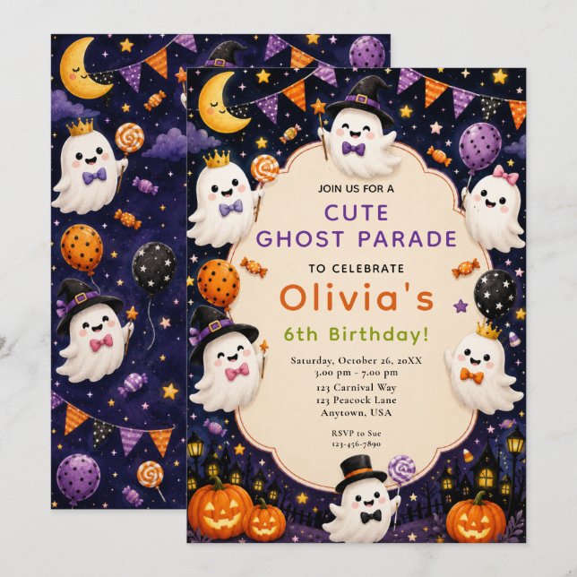 Cute Ghost Halloween Birthday Invitation (Front/Back)