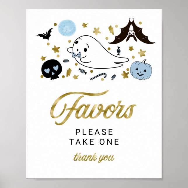 Cute Ghost Halloween Boy Baby Shower Favours Sign (Front)