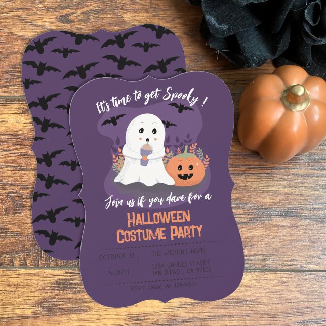 Cute Ghost Halloween Costume Party Purple Invites  (Cute ghost kids Halloween costume party purple invitations .)