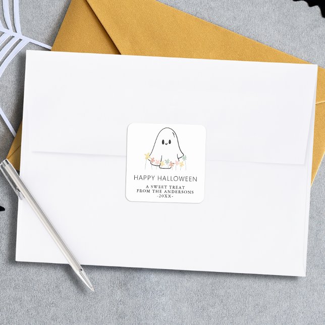 Cute Ghost Halloween Floral Square Sticker (Creator Uploaded)