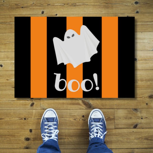 Cute Ghost Halloween Orange and Black Stripes Door Doormat (Add Halloween cheer to your home with this cute, funny ghost doormat!)