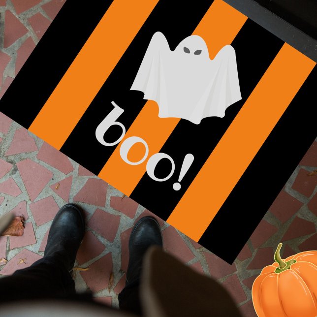 Cute Ghost Halloween Orange and Black Stripes Doormat (This fun, festive "boo!" cute ghost + orange black stripes doormat adds personality to your doorstep)