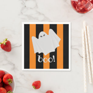 Cute Ghost Halloween Orange and Black Stripes Napkin
