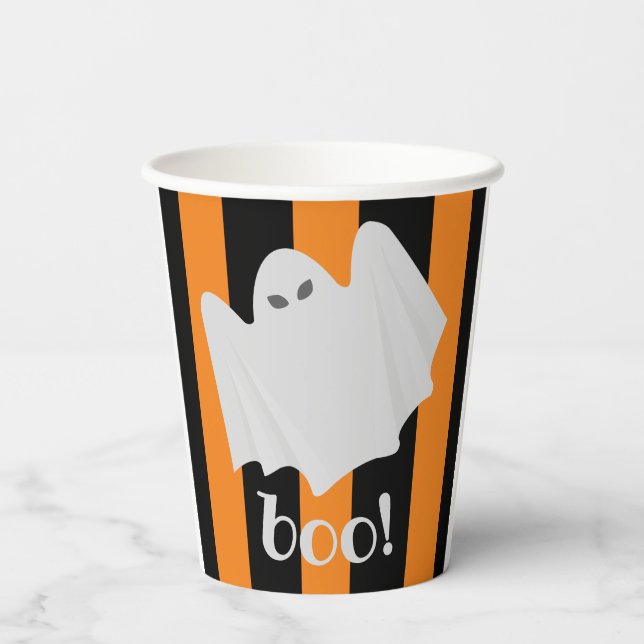 Cute Ghost Halloween Orange and Black Stripes  Paper Cups (Back)
