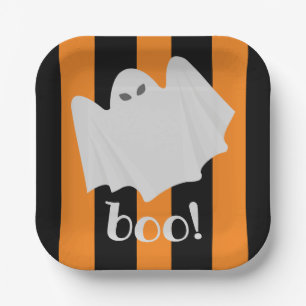 Cute Ghost Halloween Orange and Black Stripes  Paper Plate