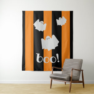 Cute Ghost Halloween Orange Black Stripe Backdrop  Tapestry